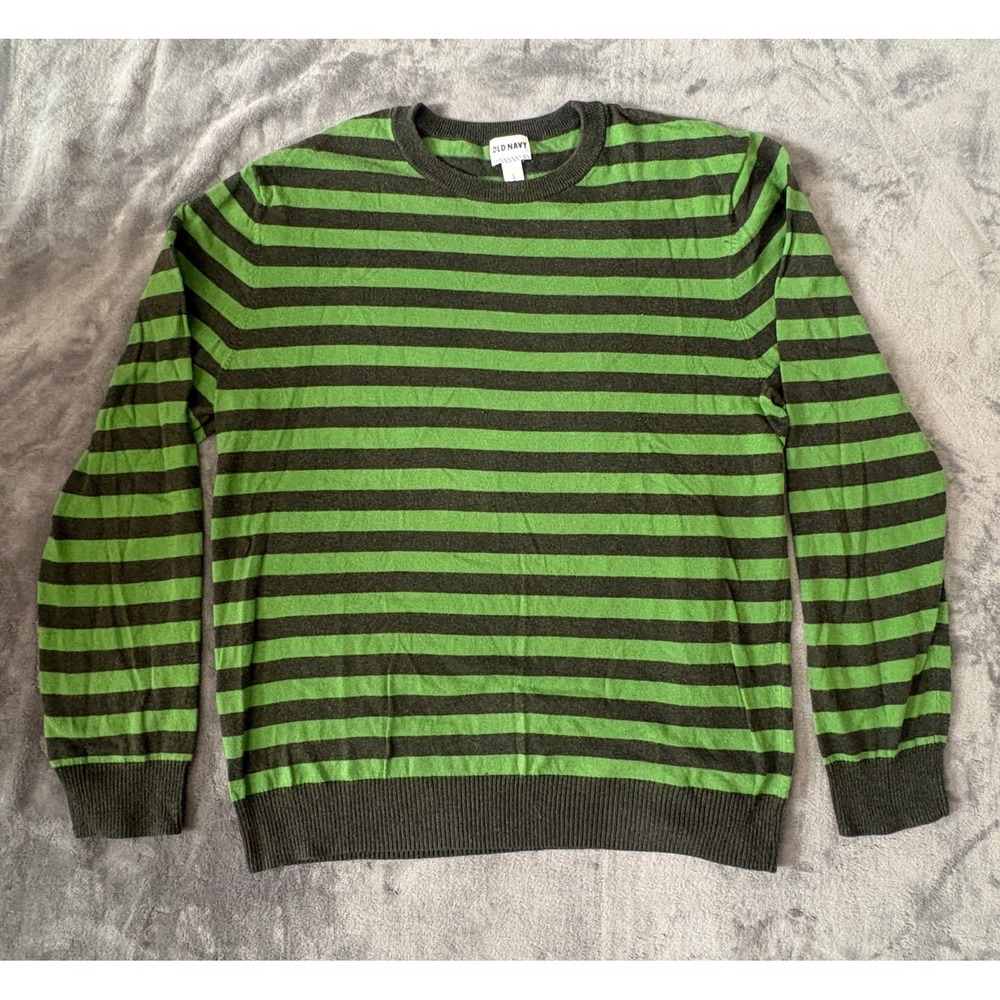 Old Navy Mens Striped Crew Neck Sweater Large Green Gray Lightweight Knit